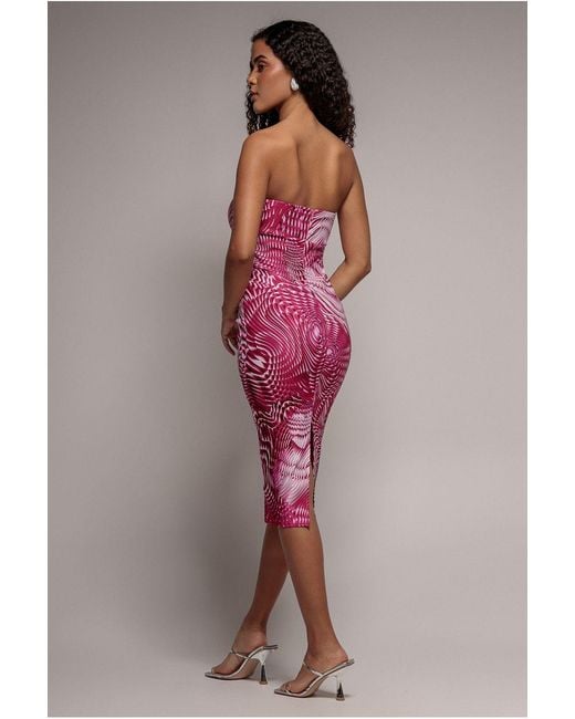 Goddiva Pink Abstract Bandeau Bodycon Midi Dress