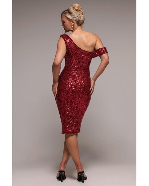 Goddiva Red Sequin Cowl One Shoulder Midi Dress