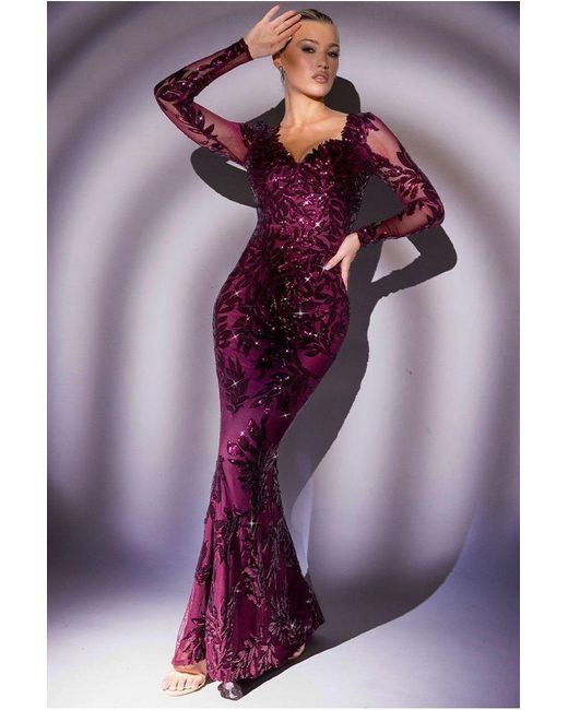 Goddiva Red Sequin Leaf Long Sleeve Maxi Dress