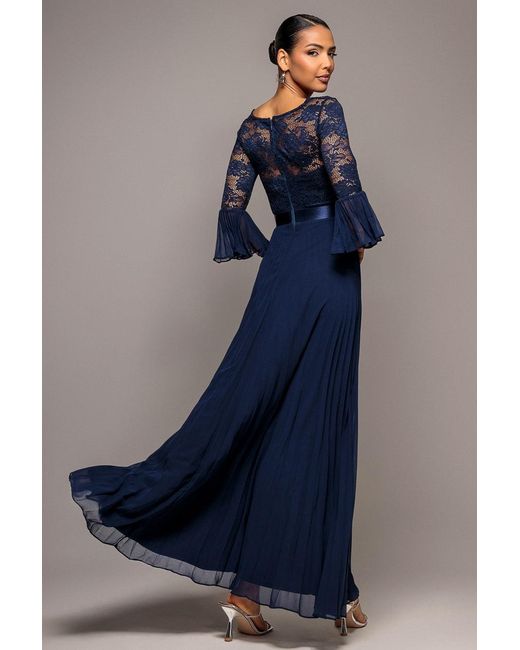 Goddiva Green Scalloped Lace Bodice Pleated Chiffon A Line Maxi Dress