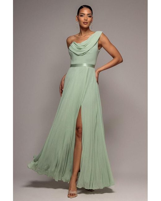 Goddiva Green Cowl Neck One Shoulder A Line Chiffon Maxi Dress