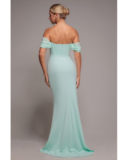 Goddiva Blue Off The Shoulder Draped Sleeve Maxi Dress With Diamante Neckline