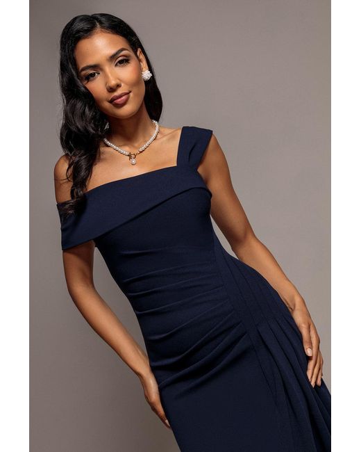 Goddiva Blue Off Shoulder Pleated Waist Asymmetric Midaxi Dress