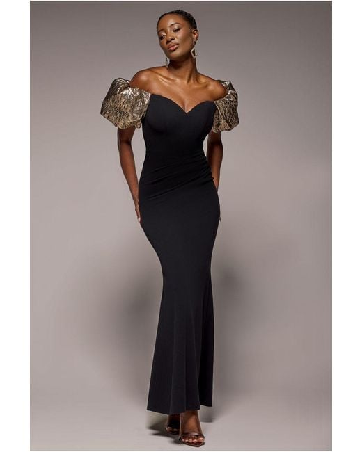 Goddiva Natural Jacquard Puff Sleeve Sweetheart Scuba Maxi Dress