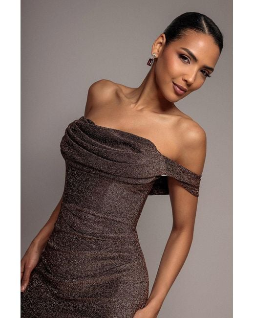 Goddiva Brown Lurex Cowl Neck Off The Shoulder Maxi Dress