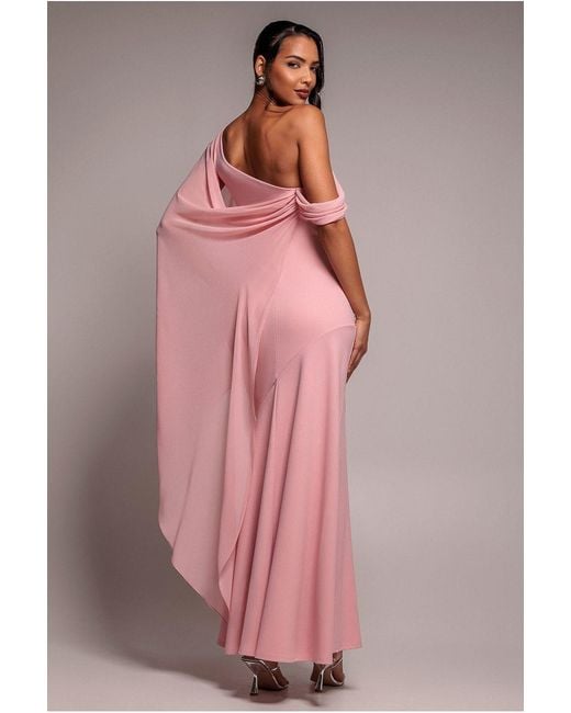 Goddiva Pink One Shoulder Cape Scuba & Chiffon Maxi Dress