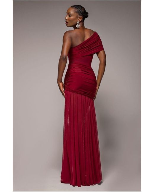 Goddiva Gathered One Shoulder Sheer Panel Maxi Dress