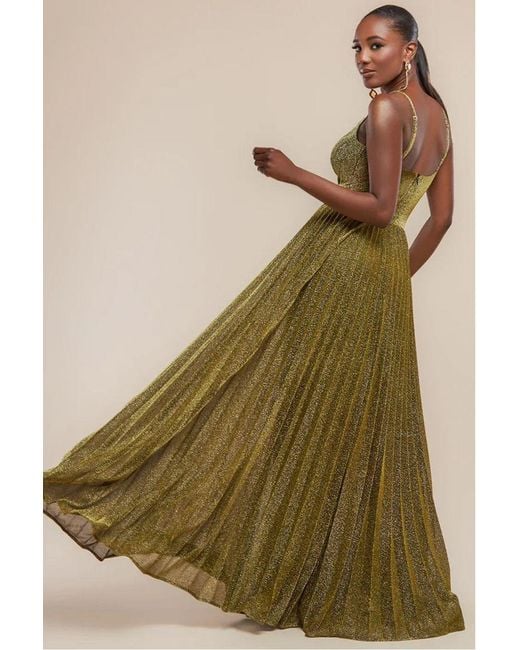 Goddiva Green Sleeveless Pleated A Line Lurex Maxi Dress