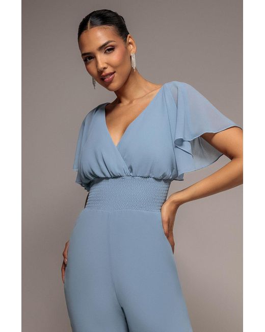 Goddiva Blue Chiffon Jumpsuit With Flutter Sleeves