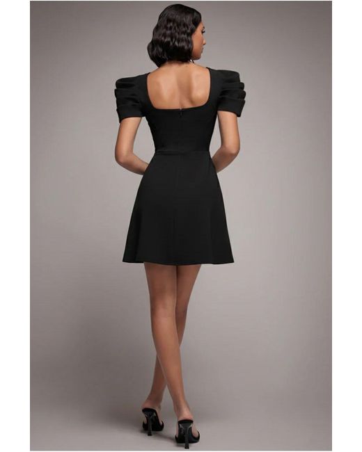 Goddiva Black Plunging Neck Pleated Sleeve Scuba Mini Dress
