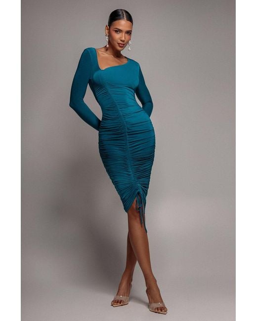 Goddiva Blue Asymmetrical Neck Ruched Midi Dress