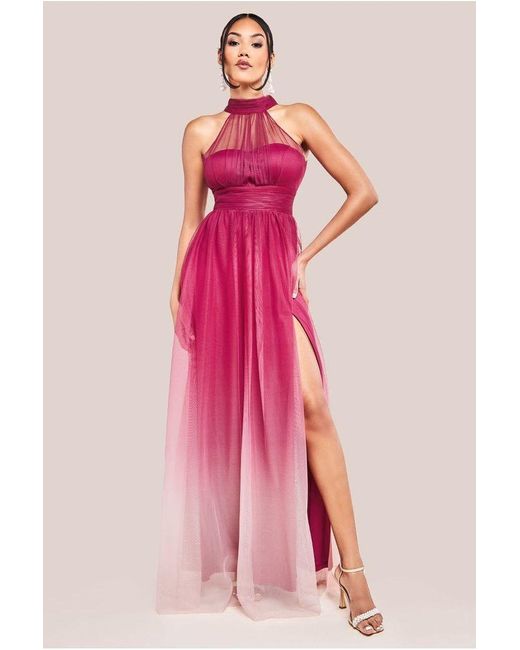 Goddiva Dobby Mesh Halter Neck Mesh Ombre Maxi Dress in Green | Lyst UK