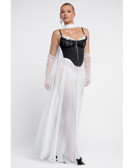 Goddiva White Milk Maid Corset Polka Dobby Chiffon A-Line Maxi Skirt With Scarf & Gloves