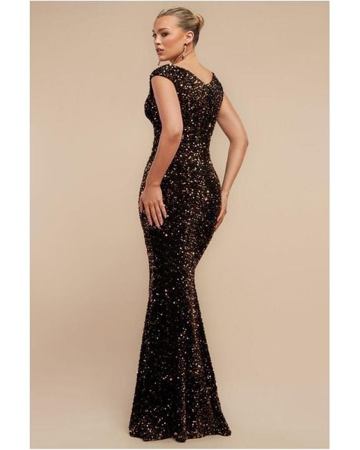 Goddiva Metallic Multi Sequin & Velvet Bardot Maxi