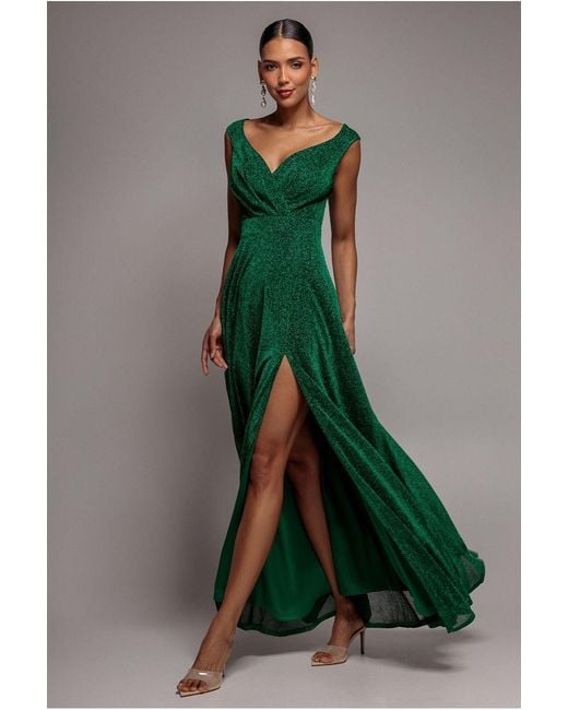 Goddiva Green Crossover Lurex Glitter Maxi Dress