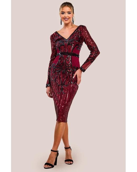 Goddiva Sequin & Mesh Embroidered Midi Dress