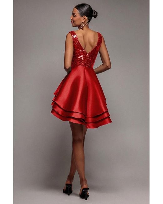 Goddiva Sequin And Satin Tiered Hi-Low Mini Skater Dress