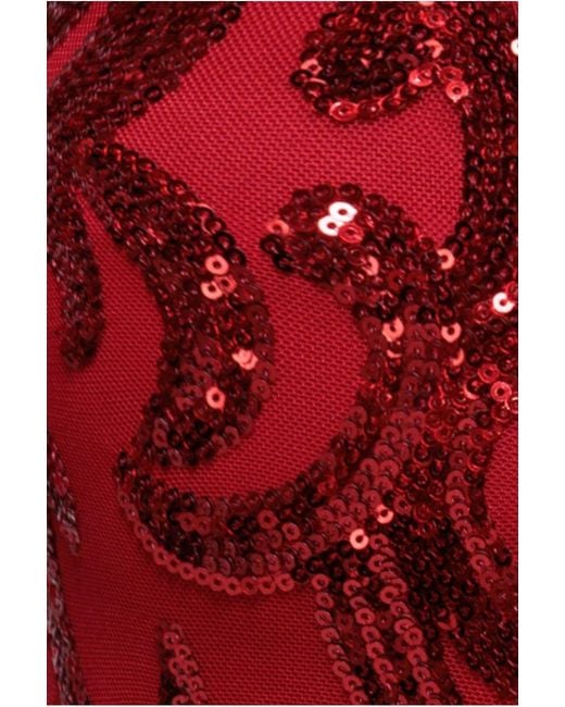 Goddiva Red Sequin Tassel Maxi Dress With Thigh Slit