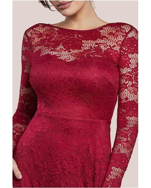 Goddiva Red Scalloped Lace A-Line Maxi Dress