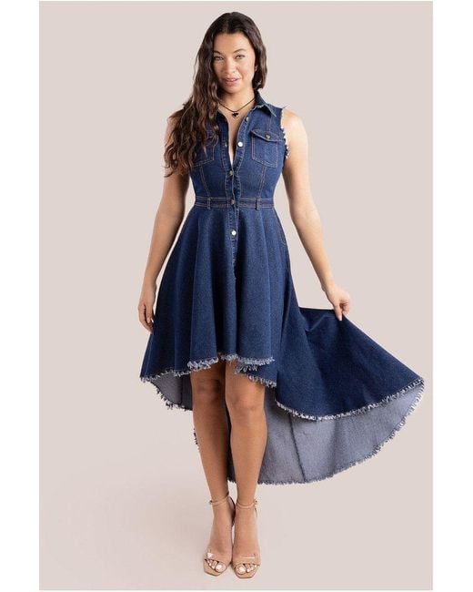Goddiva Blue Denim Sleeveless High And Low Midaxi Dress