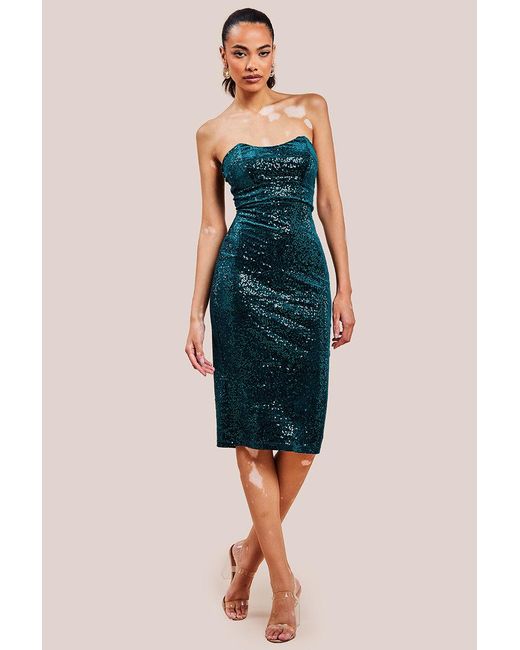 Goddiva Green Bandeau Sequin & Velvet Midi Dress