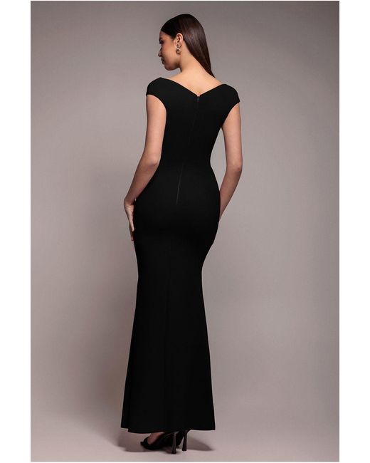Goddiva Black Bardot Pleated Maxi Dress
