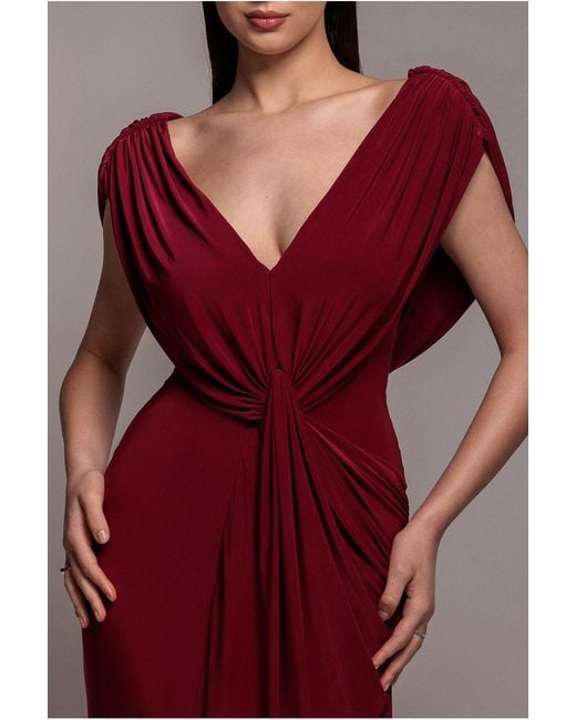 Goddiva Red Cowl Plunge Draped Mermaid Maxi Dress
