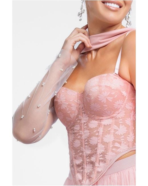 Goddiva Pink Embellished Fingerless Mesh Gloves