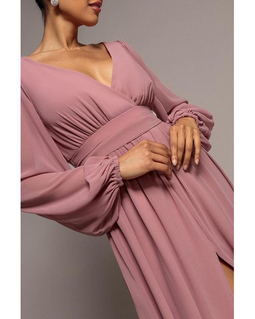 Goddiva Purple Wrap Back With Front Slit Chiffon Maxi Dress