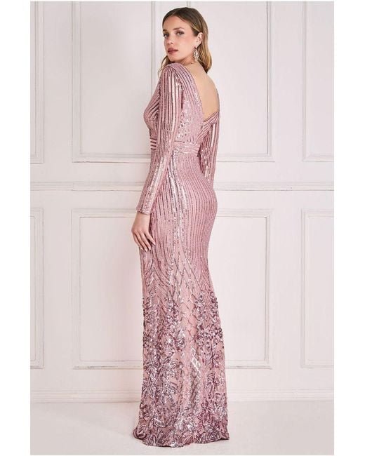 Goddiva Pink Long Sleeve Sequin V Wrap Maxi Dress