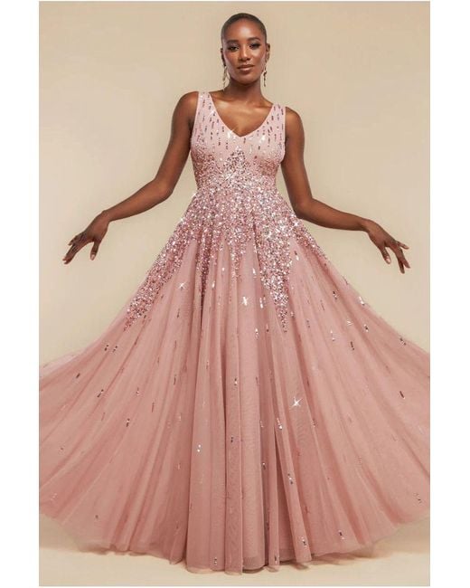 Goddiva Pink Sunray Hand Embellished Sequin A-Line Sleeveless Maxi Dress