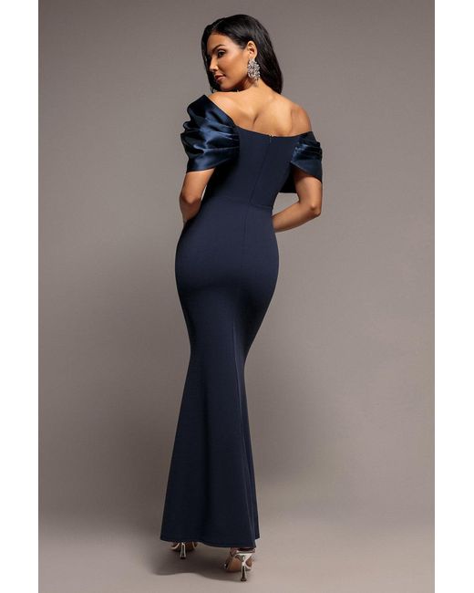 Goddiva Blue Satin Plunge Neck Bardot Scuba Maxi Dress
