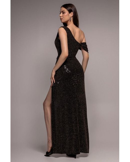 Goddiva Brown Cowl Neck Sequin Glitter Draped Maxi Dress