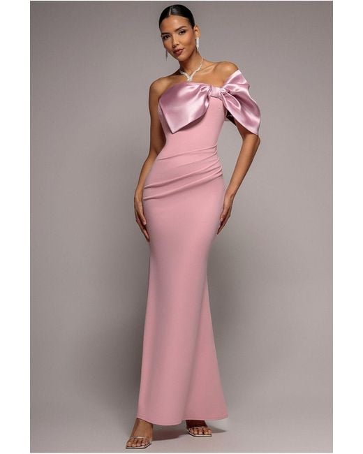 Goddiva Pink Off The Shoulder Satin Bow Neck Maxi Dress