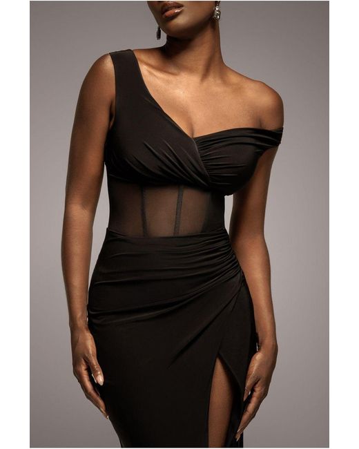 Goddiva Gray Off The Shoulder Corset Waist Mesh Wrap Skirt Soft Touch Maxi Dress