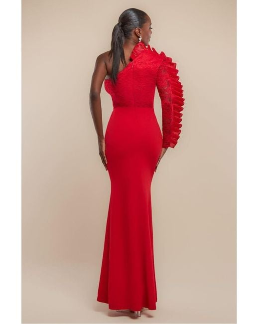 Goddiva One Shoulder Organza Fan Detail Lace Bodice Maxi Dress in Red | Lyst