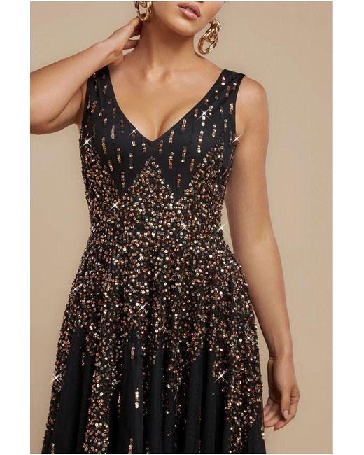 Goddiva Black Sunray Hand Embellished Sequin A-Line Sleeveless Maxi Dress