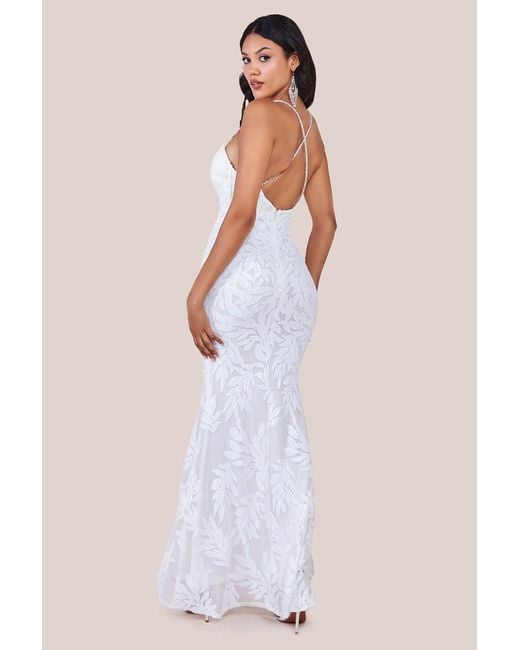 Goddiva White Cross Back Diamante Strap Sequin Maxi