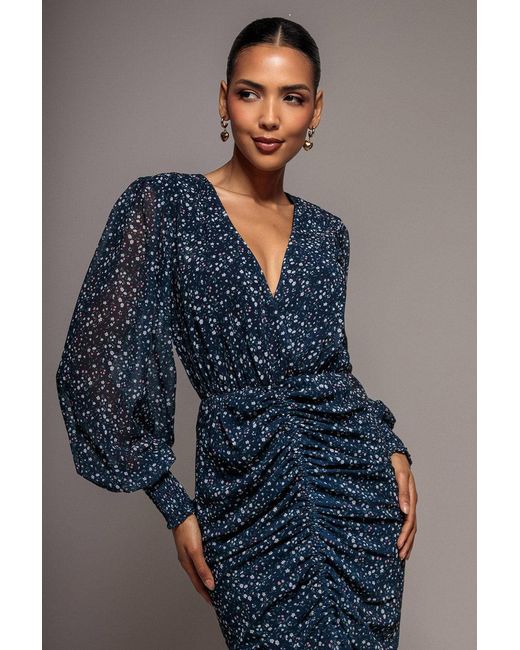 Goddiva Blue Printed Long Sleeve Drawstring Midi Dress