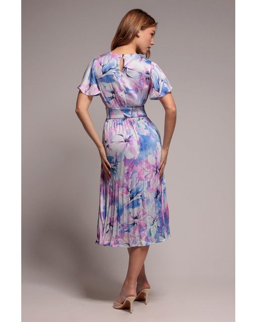 Goddiva Blue Flutter Sleeve Pleated Skirt Floral Midi Dress