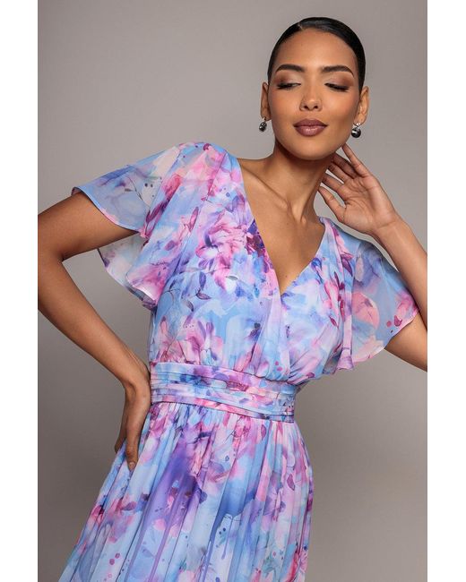 Goddiva Blue Printed Silky Chiffon Flutter Sleeve Maxi Dress