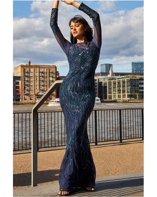 Goddiva Blue Long Sleeve Sequin Flame Maxi Dress