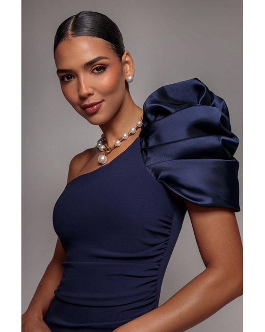 Goddiva Blue One Shoulder Puffed Satin Sleeve Evening Maxi Dress