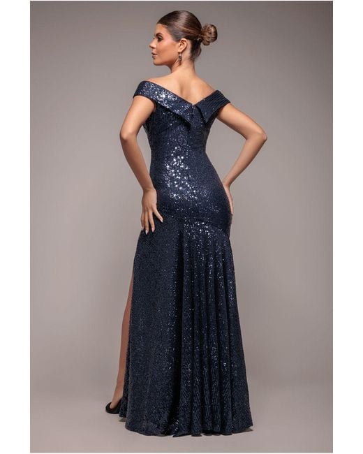 Goddiva Blue Bardot Sequin Pleated Maxi Dress