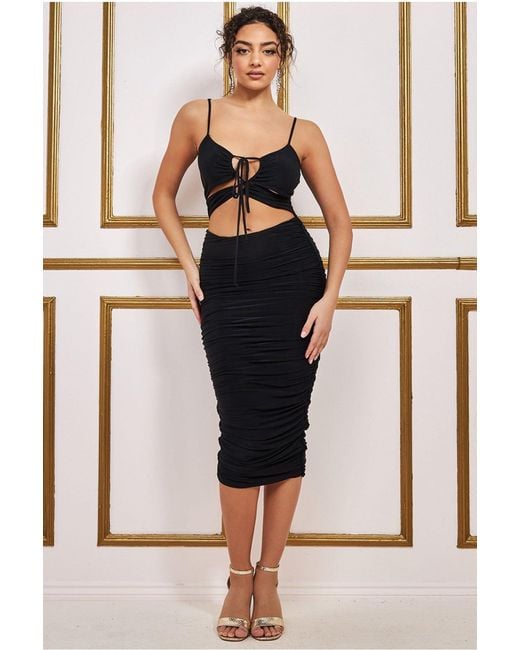 City Goddess Black Cut Out Ruched Midi With Drawstring