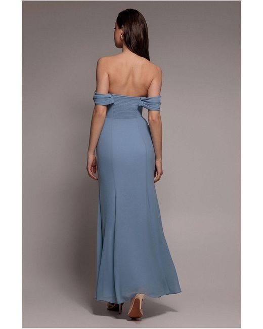 Goddiva Blue Chiffon Bardot Cowl Neck Maxi Dress