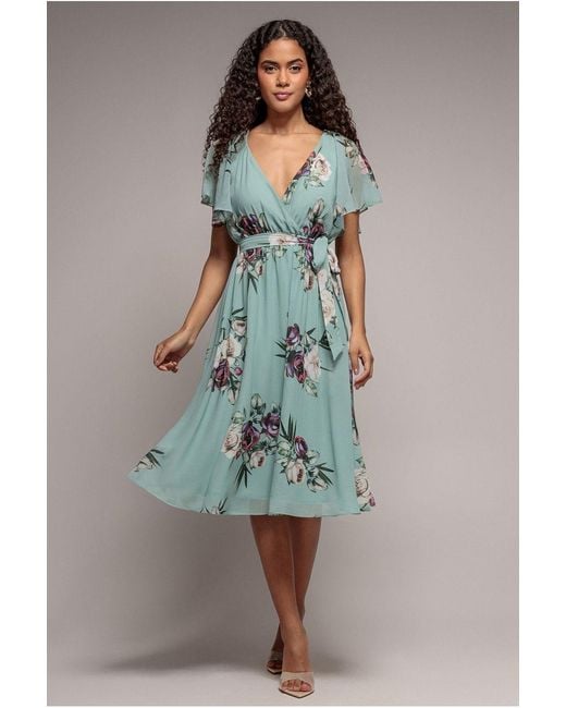 Goddiva Green Floral Flutter Sleeve Chiffon Midi Dress