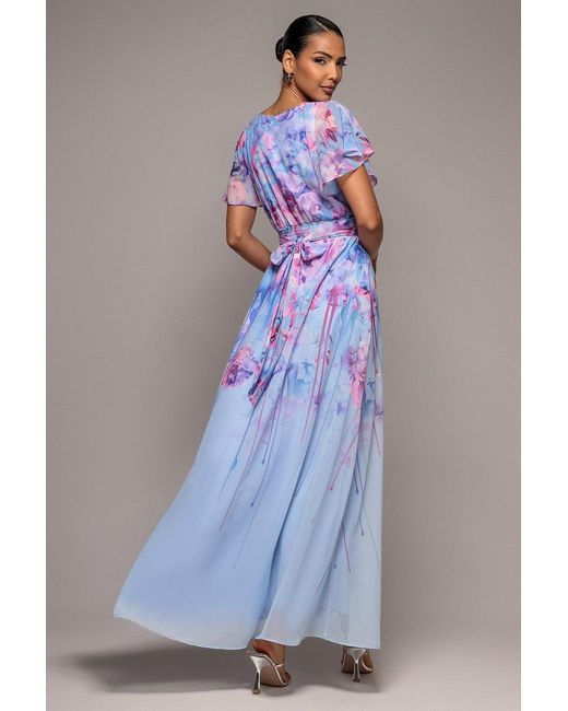 Goddiva Blue Printed Silky Chiffon Flutter Sleeve Maxi Dress