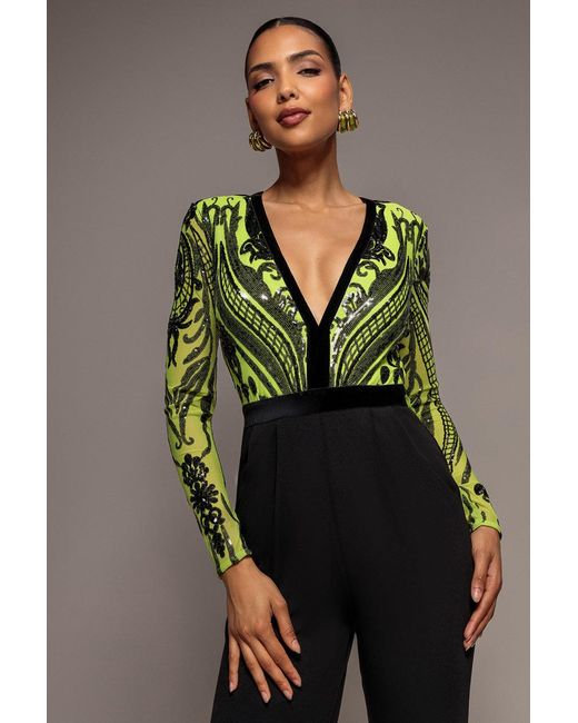 Goddiva Multicolor Deep V Neck Sequin Embroidered Jumpsuit