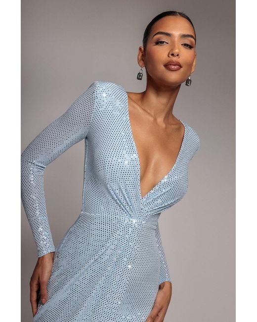 Goddiva Blue Sequined Lurex Long Sleeve Wrap Midi Dress